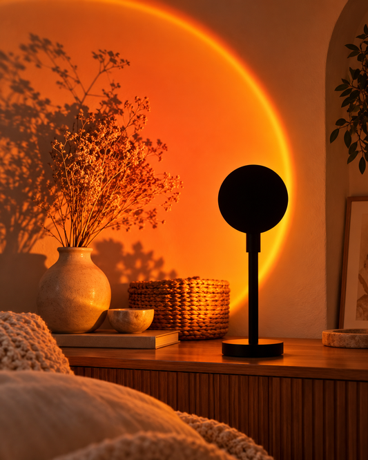 Lampe projecteur sunset dans une chambre cocooning