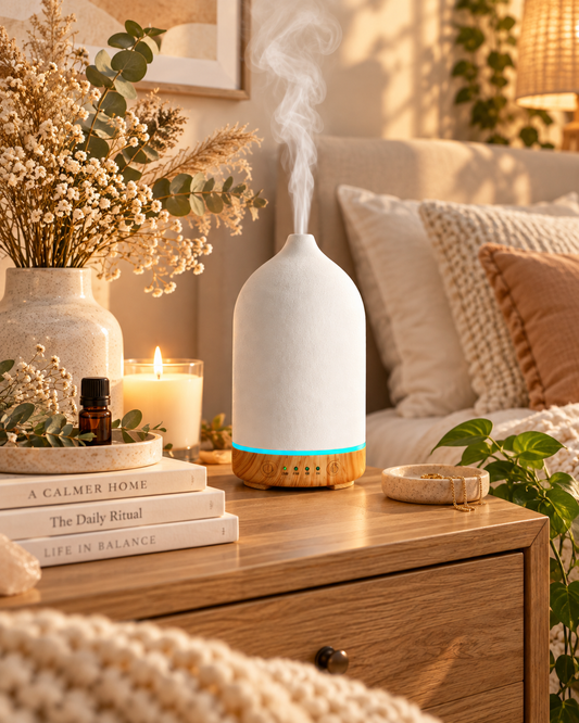 Diffuseur d'huiles essentielles Brume Douce sur table de nuit cocooning