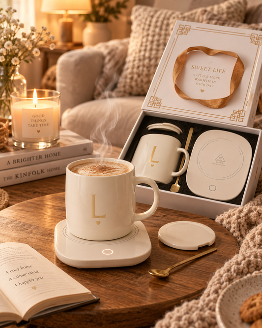 Coffret Sweet Life mug chauffant céramique crème et or ambiance cocooning